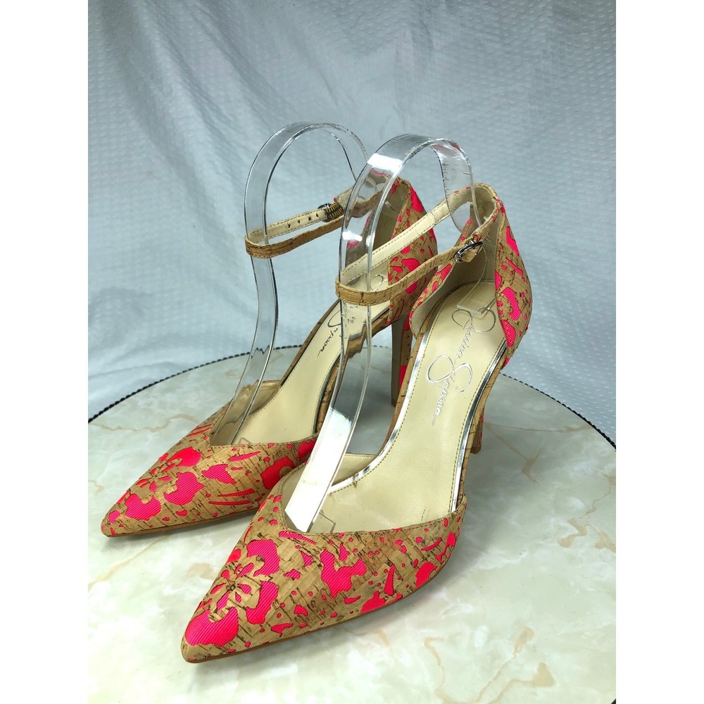 Jessica Simpson Floral Cork Ankle Strap Stilettos Heel Women 8 Pink Pointed Toe - Picture 7 of 12